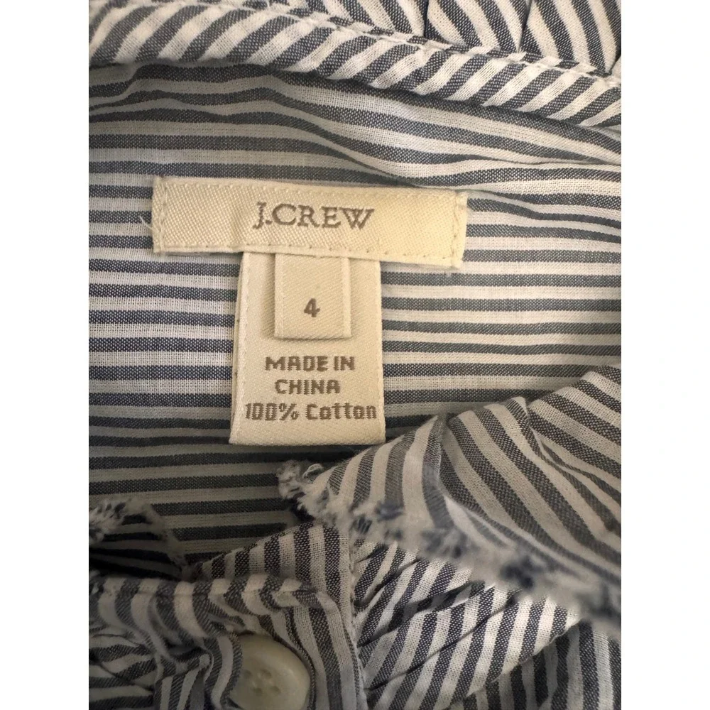 J.Crew Size 4 Blue White Pinstripe Ruffle Front Cotton Button Down Blouse